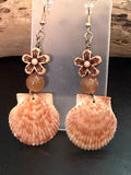 Shore Blossom – Scallop Shell & Wood Flower Bead Earrings on Silver Ear Wires