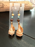 Tidal Teal Tulip – Ribbed Tulip Shell & Teal Ceramic Bead Earrings on Copper Ear Wires