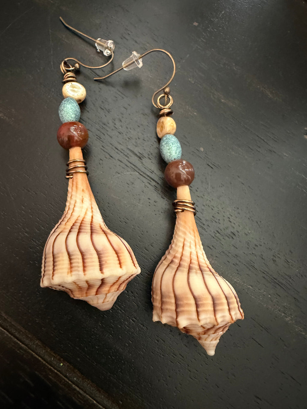 Tidal Teal Tulip – Ribbed Tulip Shell & Teal Ceramic Bead Earrings on Copper Ear Wires