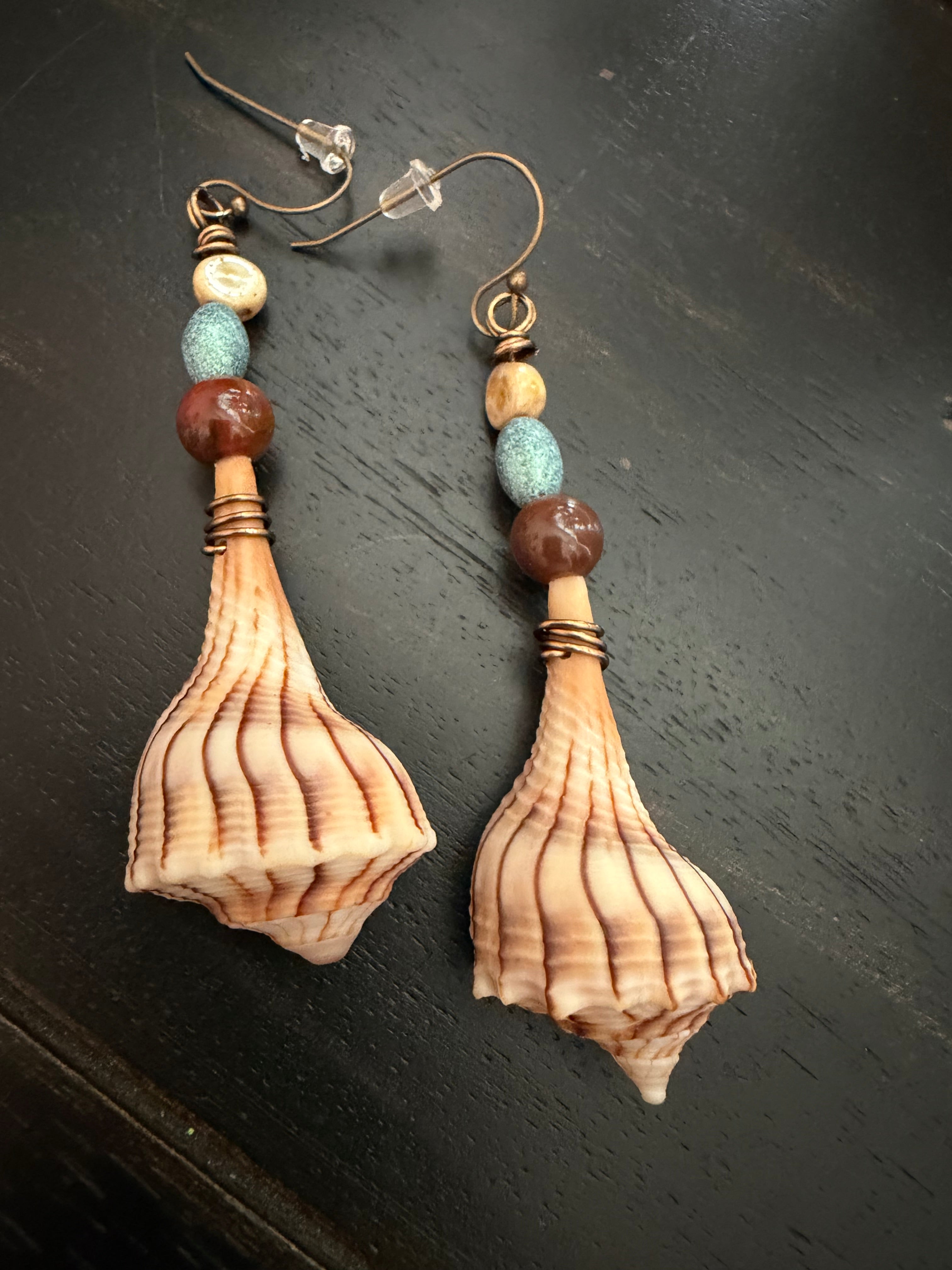 Tidal Teal Tulip – Ribbed Tulip Shell & Teal Ceramic Bead Earrings on Copper Ear Wires