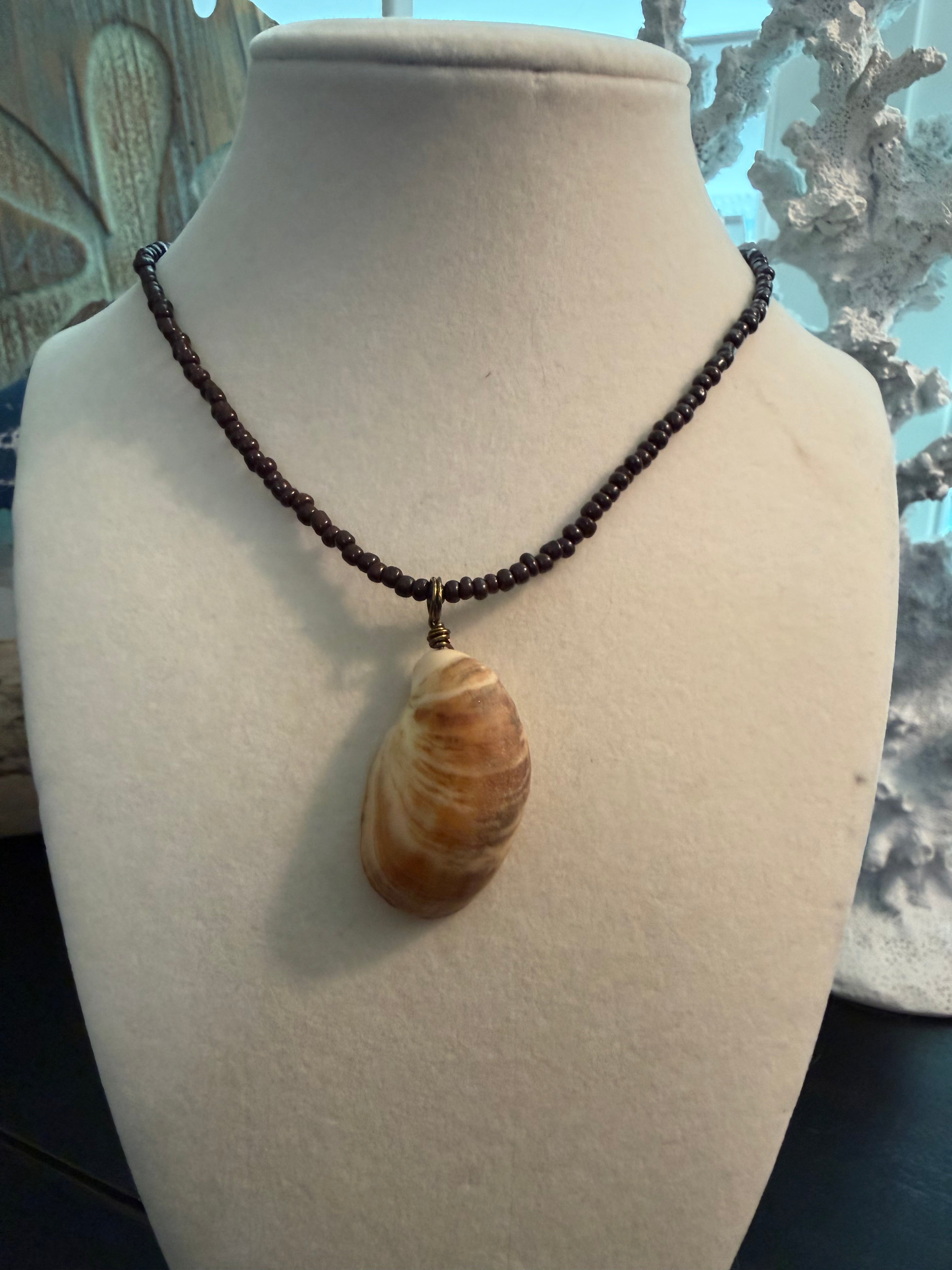 Driftwood Slipper Shell Necklace on Dark Garnet Bead Chain
