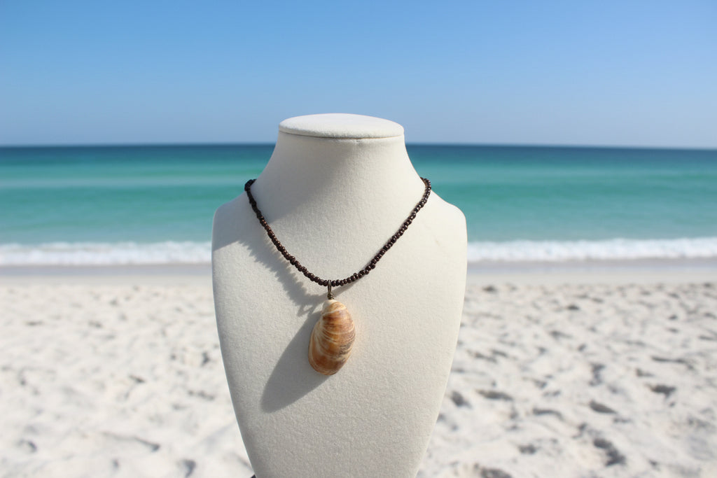 Driftwood Slipper Shell Necklace on Dark Garnet Bead Chain | Coastal Beach Jewelry