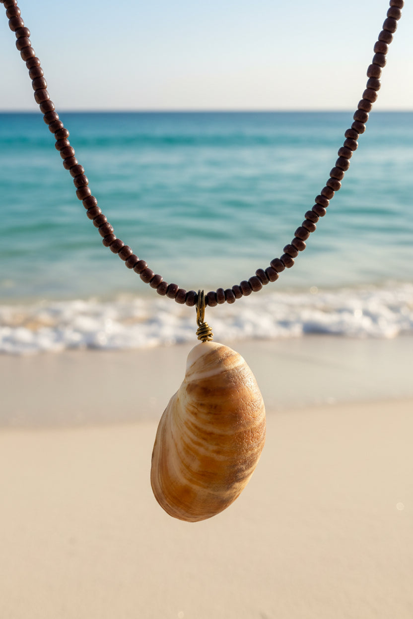 Driftwood Slipper Shell Necklace on Dark Garnet Bead Chain | Coastal Beach Jewelry