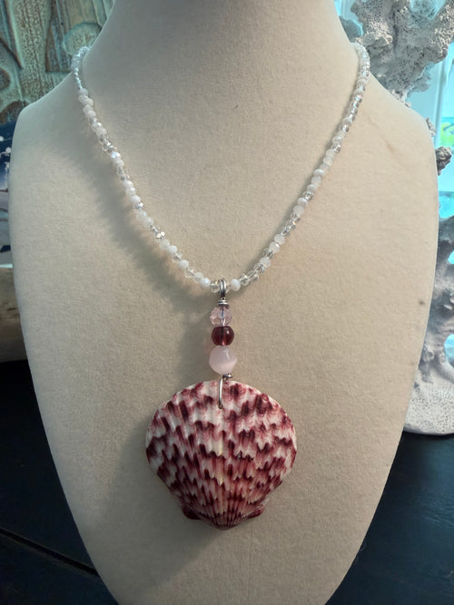 Calico Élan – Calico Scallop & Garnet Necklace on Moonstone Crystal Bead Chain