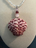 Calico Élan – Calico Scallop & Garnet Necklace on Moonstone Crystal Bead Chain