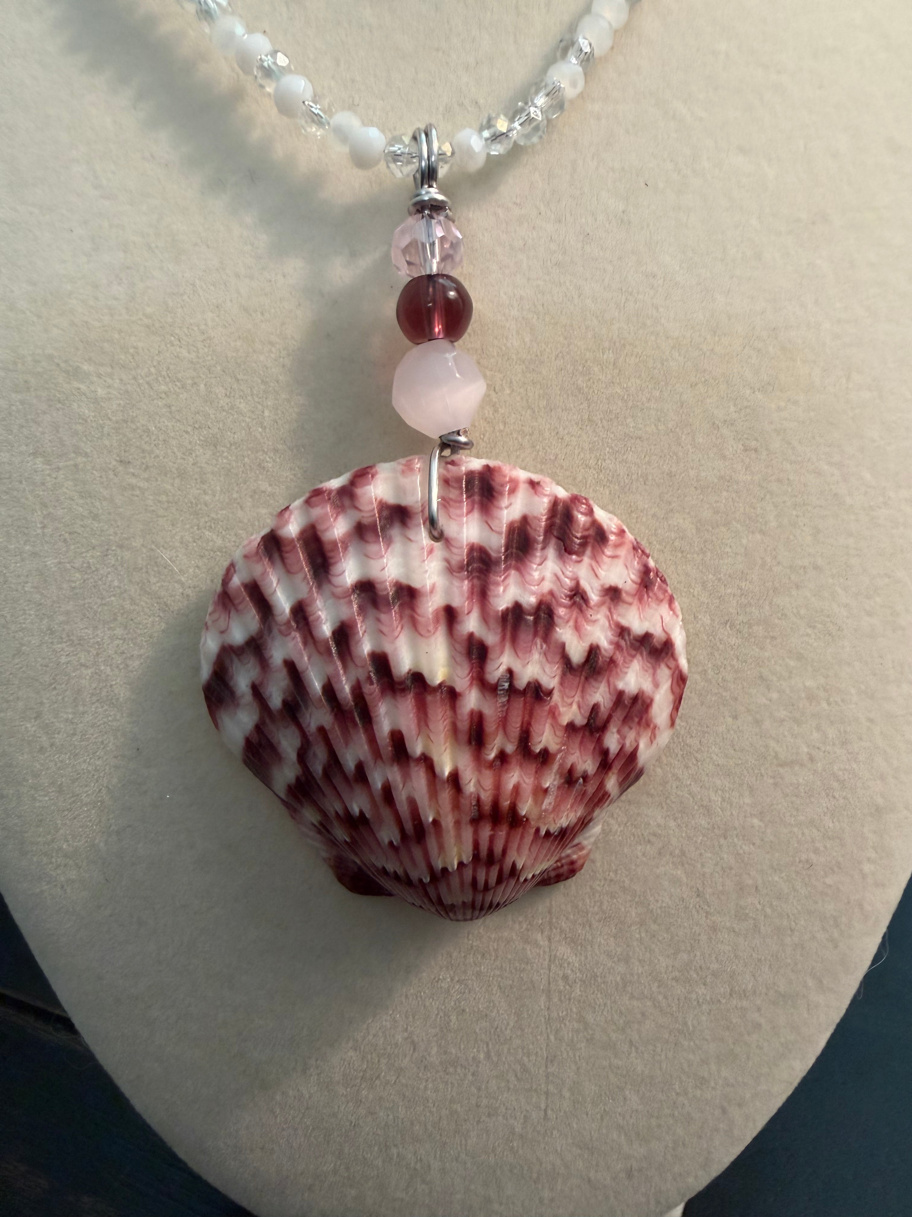 Calico Élan – Calico Scallop & Garnet Necklace on Moonstone Crystal Bead Chain