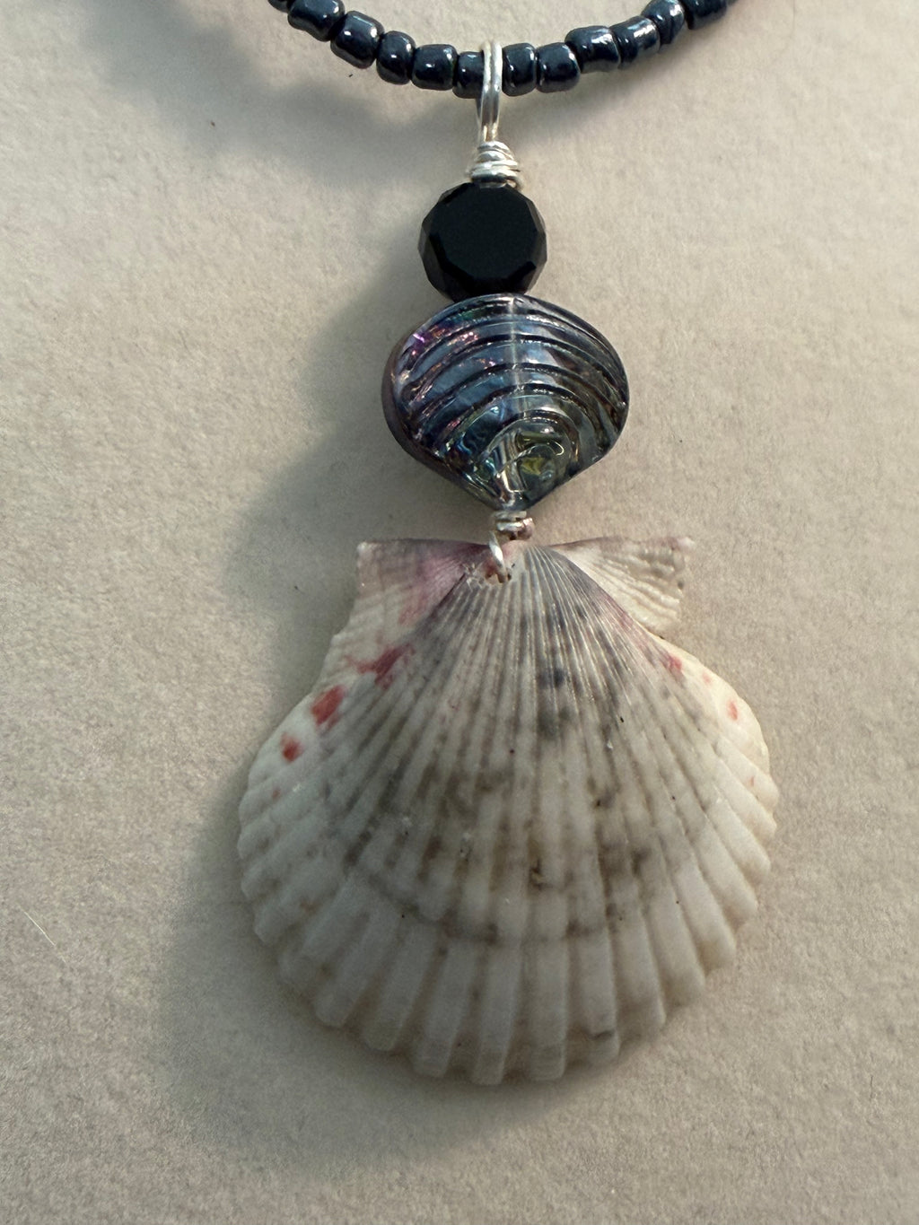 Galaxy Shore – Calico Scallop Shell Necklace on Hematite Bead Chain