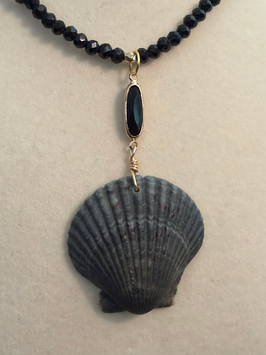 Gray skies Gulf – Dark Calico Scallop Shell Necklace on Black Crystal Bead Chain