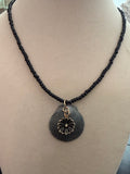 Midnight Daisy – Gray Calico Scallop Shell Necklace on Black Seed Bead Chain