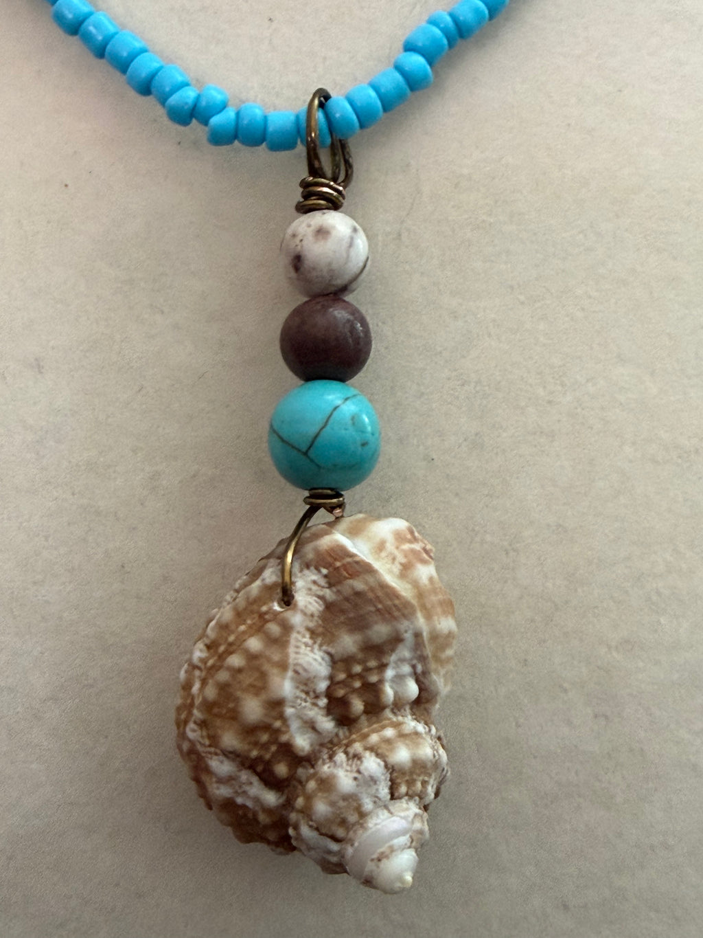 Turquoise Seashores – Chestnut Turban Shell Necklace on Sky Blue Bead Chain
