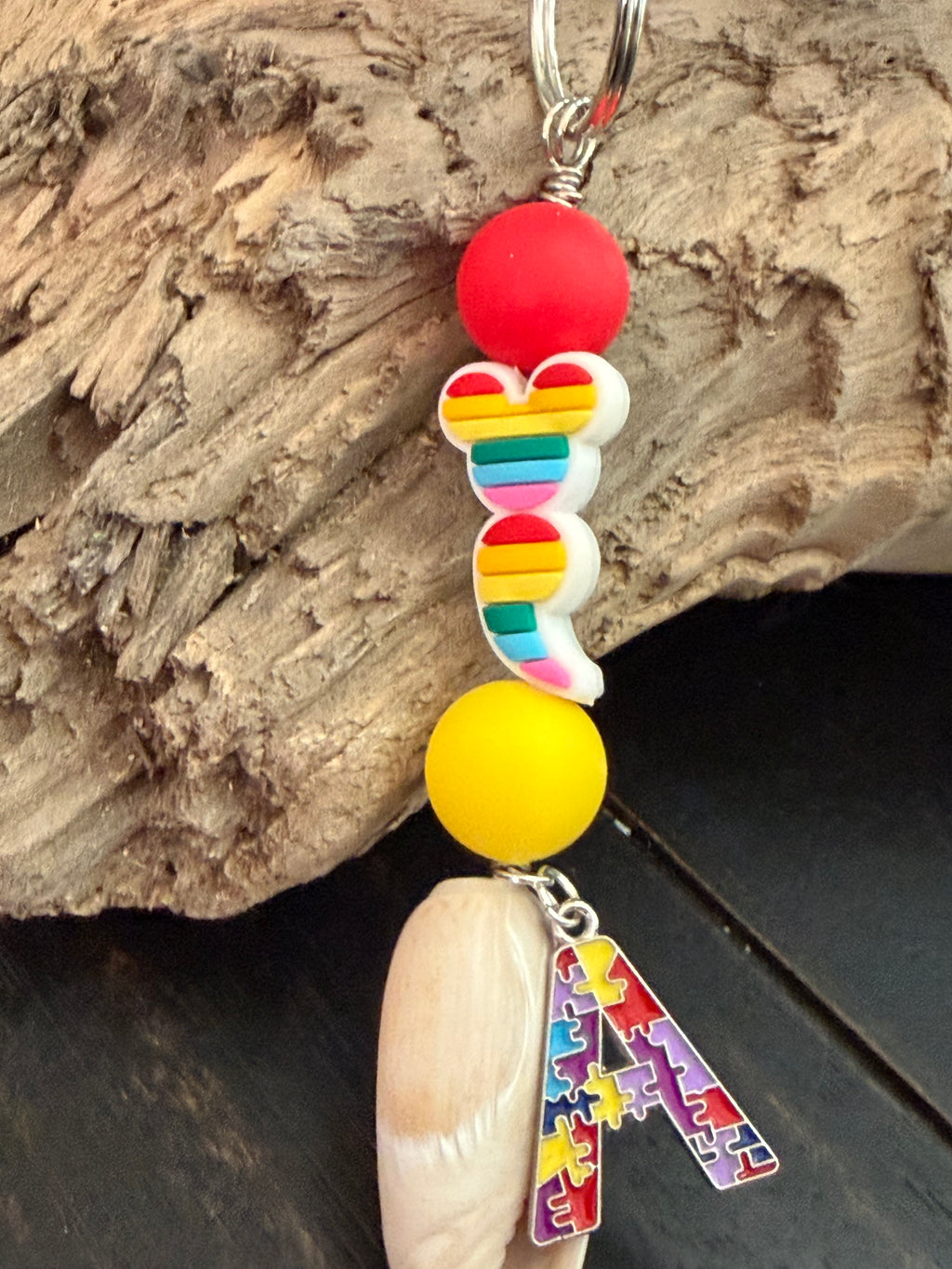 Rainbow Shore & A – Autism Awareness Shell & Rainbow Heart Keychain