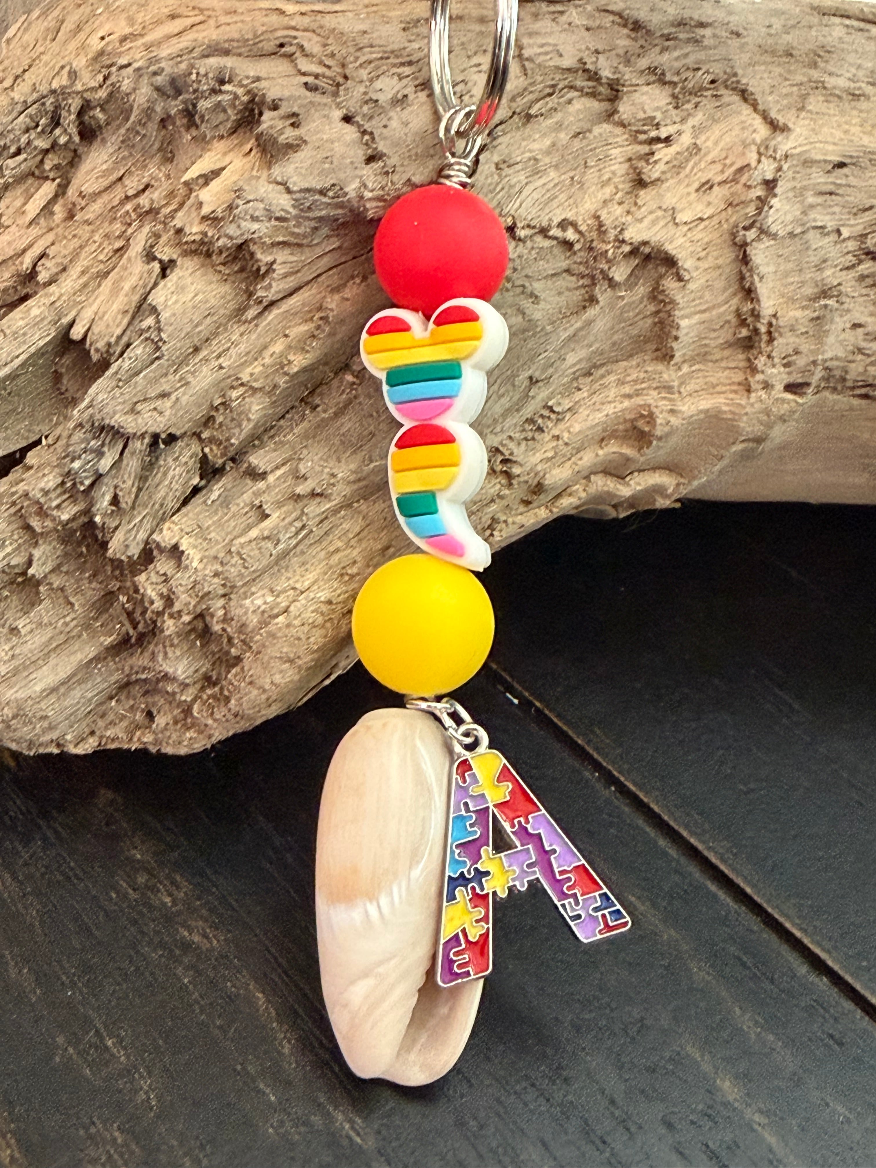 Rainbow Shore & A – Autism Awareness Shell & Rainbow Heart Keychain