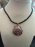 Copper & Ink – Calico Scallop Shell Necklace on Black Seed Bead Chain