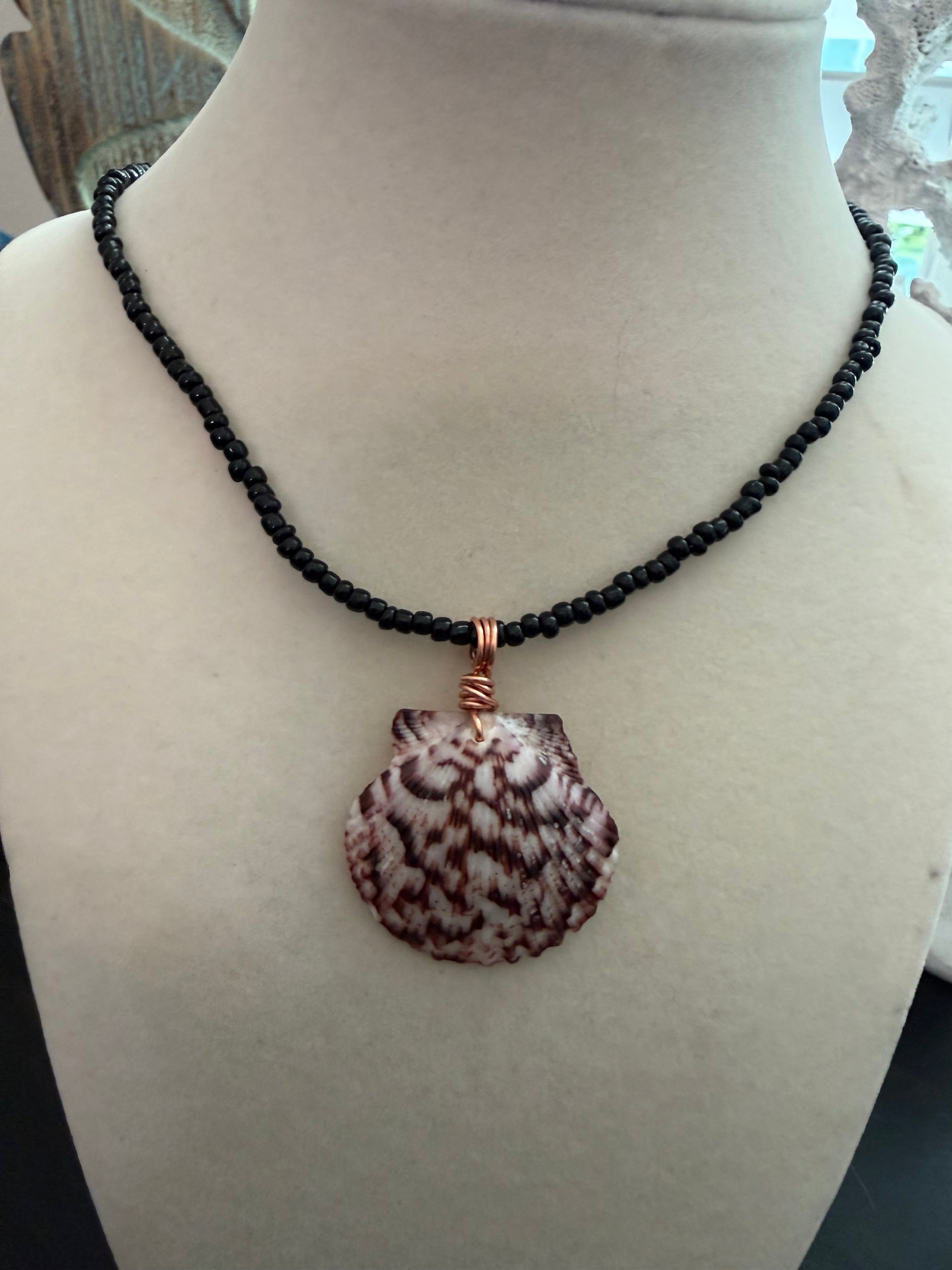 Copper & Ink – Calico Scallop Shell Necklace on Black Seed Bead Chain