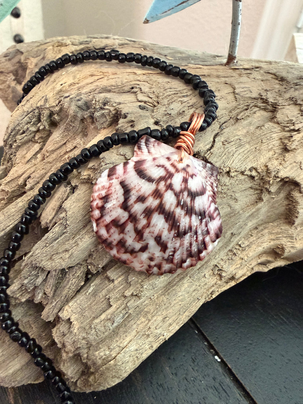 Copper & Ink – Calico Scallop Shell Necklace on Black Seed Bead Chain