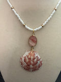 Callie Shore – Calico Scallop & Rhodonite Necklace on White Seed Bead Chain