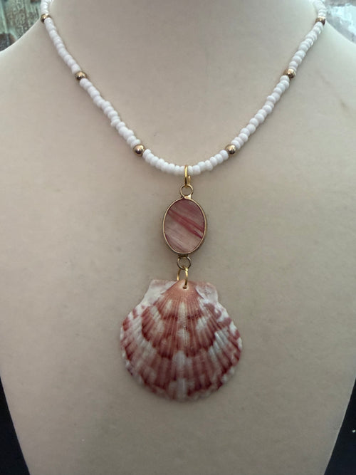 Callie Shore – Calico Scallop & Rhodonite Necklace on White Seed Bead Chain