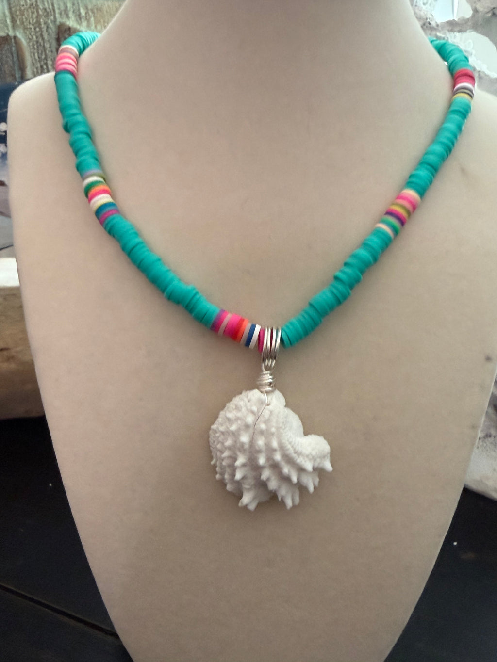 Brine & Bone – Spiny Jewel Box Shell Necklace on Teal Silicone Bead Chain