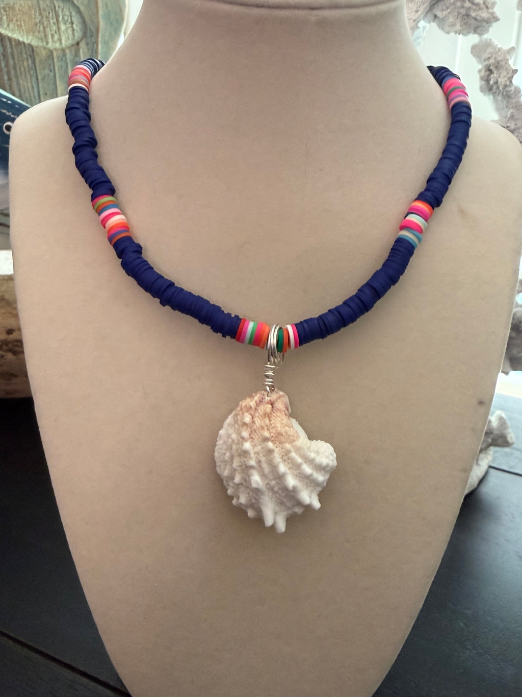 Tidal Wave Drift – Spiny Jewel Box Shell Necklace on Cobalt Blue Silicone Bead Chain