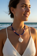 Tidal Wave Drift – Spiny Jewel Box Shell Necklace on Cobalt Blue Silicone Bead Chain