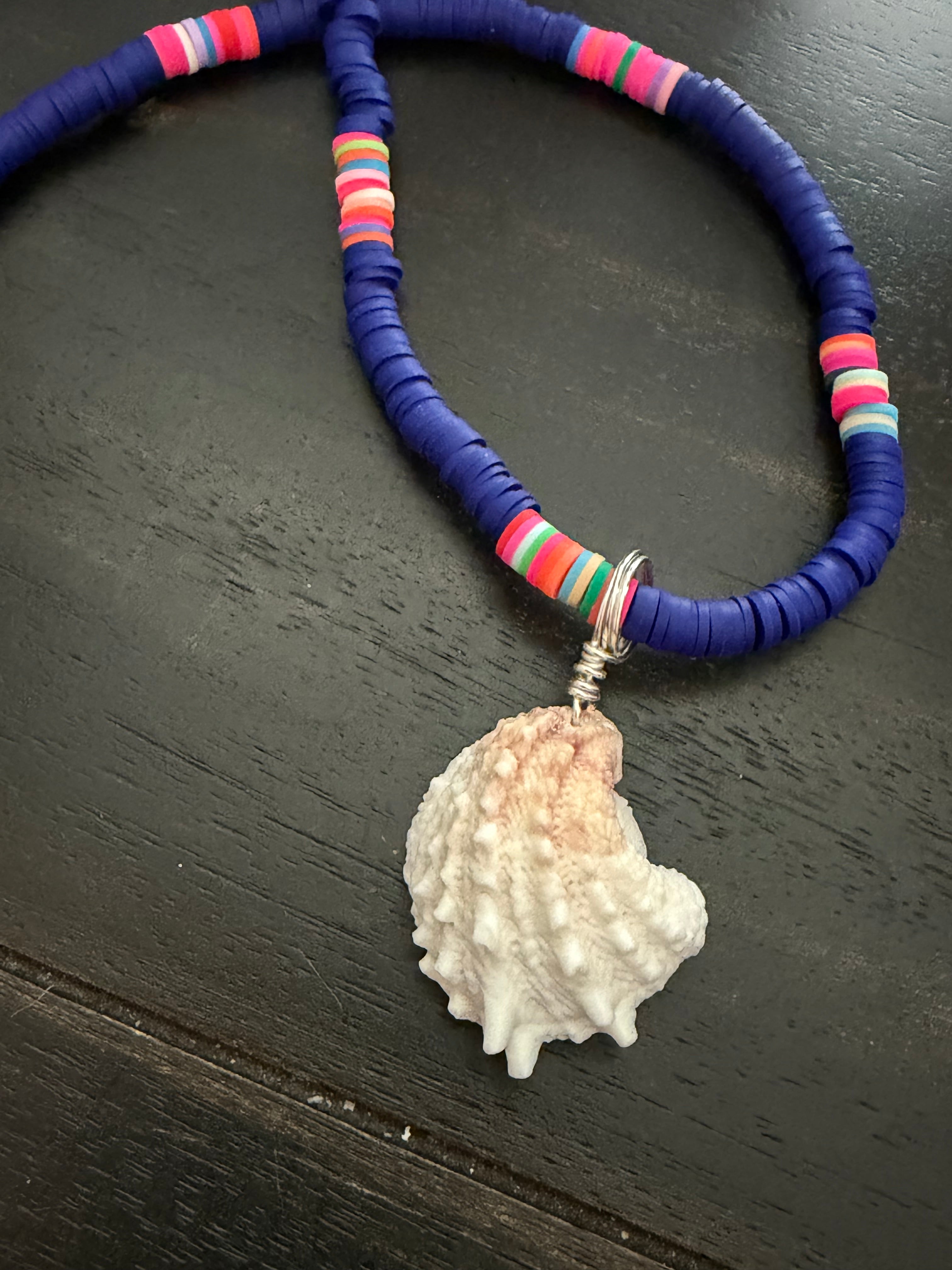 Tidal Wave Drift – Spiny Jewel Box Shell Necklace on Cobalt Blue Silicone Bead Chain