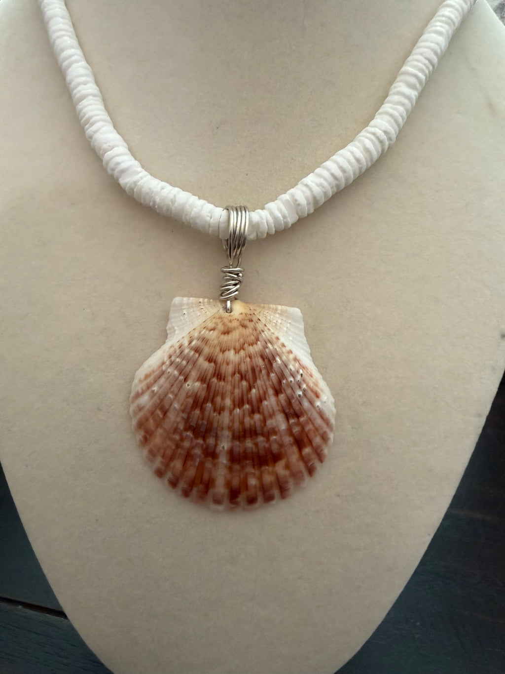 Calico Crest – Calico Scallop Shell Necklace on Puka Shell Bead Chain