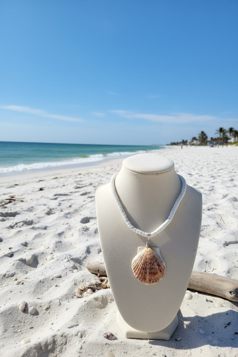 Calico Crest – Calico Scallop Shell Necklace on Puka Shell Bead Chain