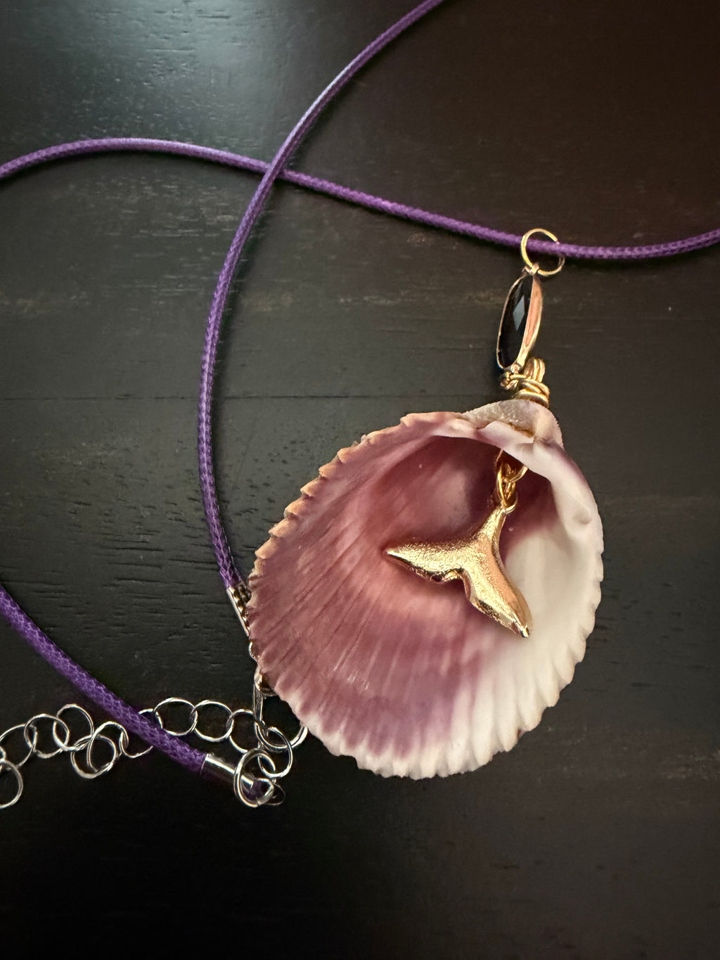 Twin Shores – Prickly Cockle Shell & Black Onyx Necklace on Purple Waxed Cord