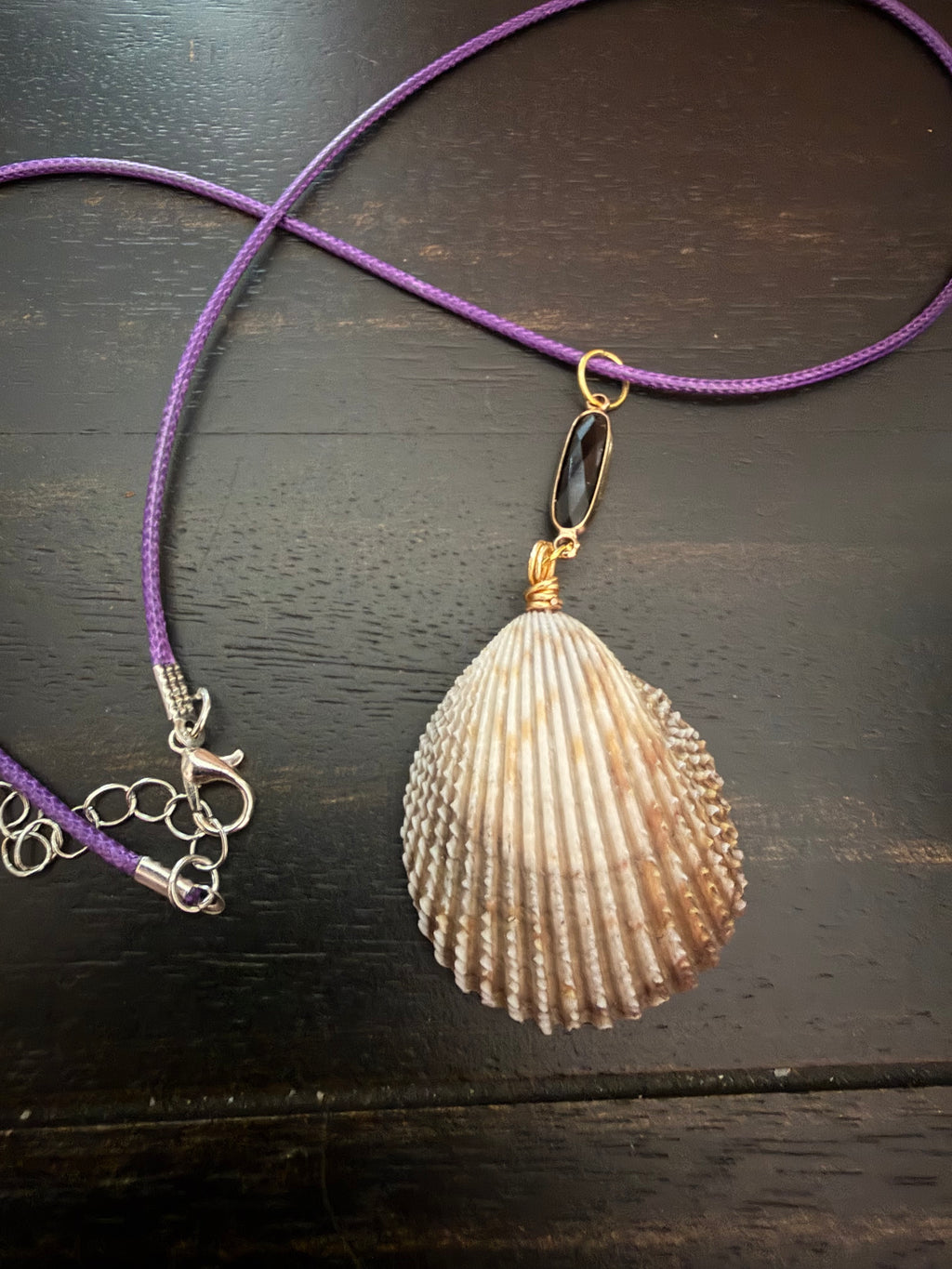 Twin Shores – Prickly Cockle Shell & Black Onyx Necklace on Purple Waxed Cord