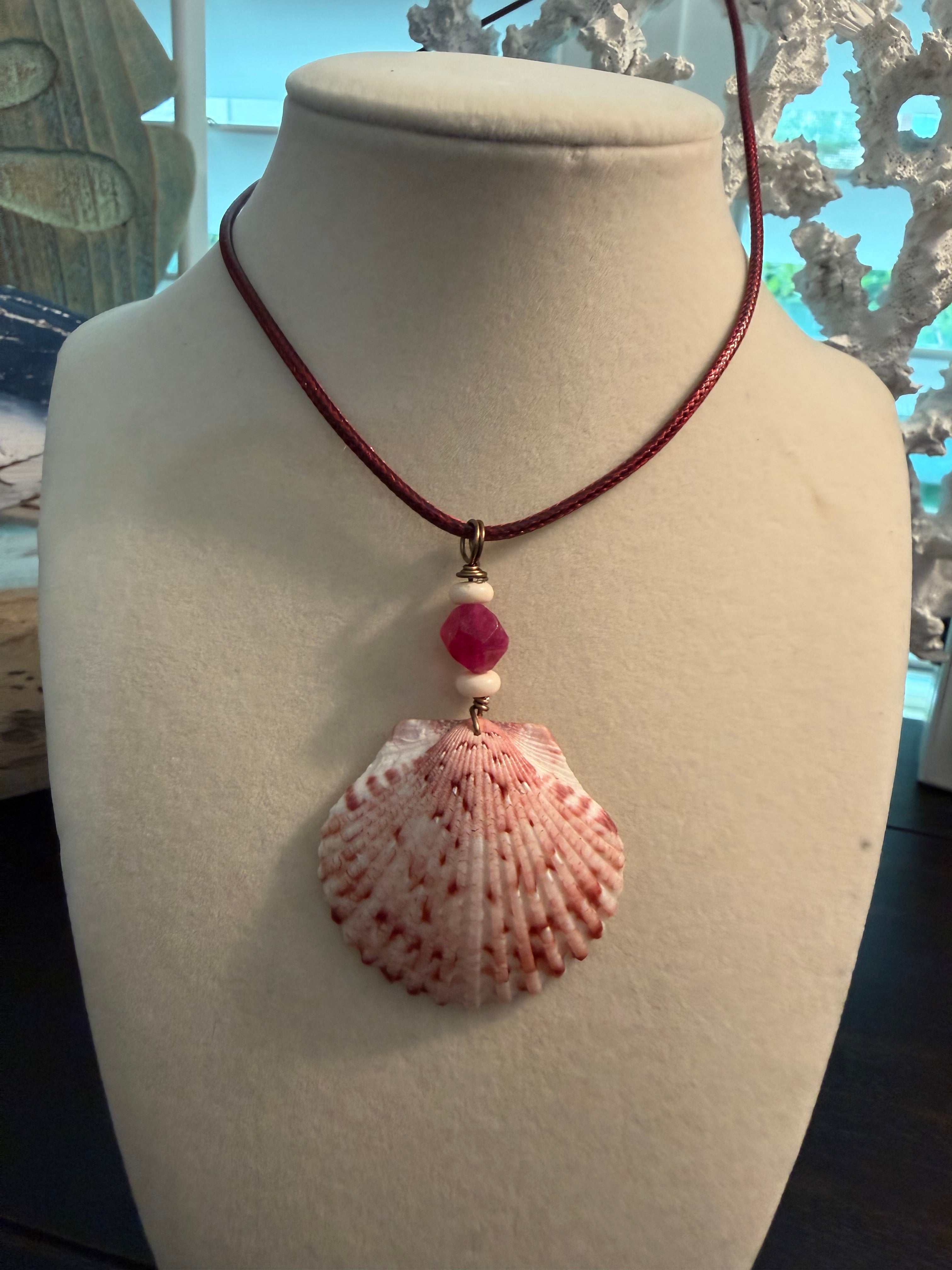 Strawberry Shortcake – Calico Scallop Shell Necklace on Burgundy Braided Cord