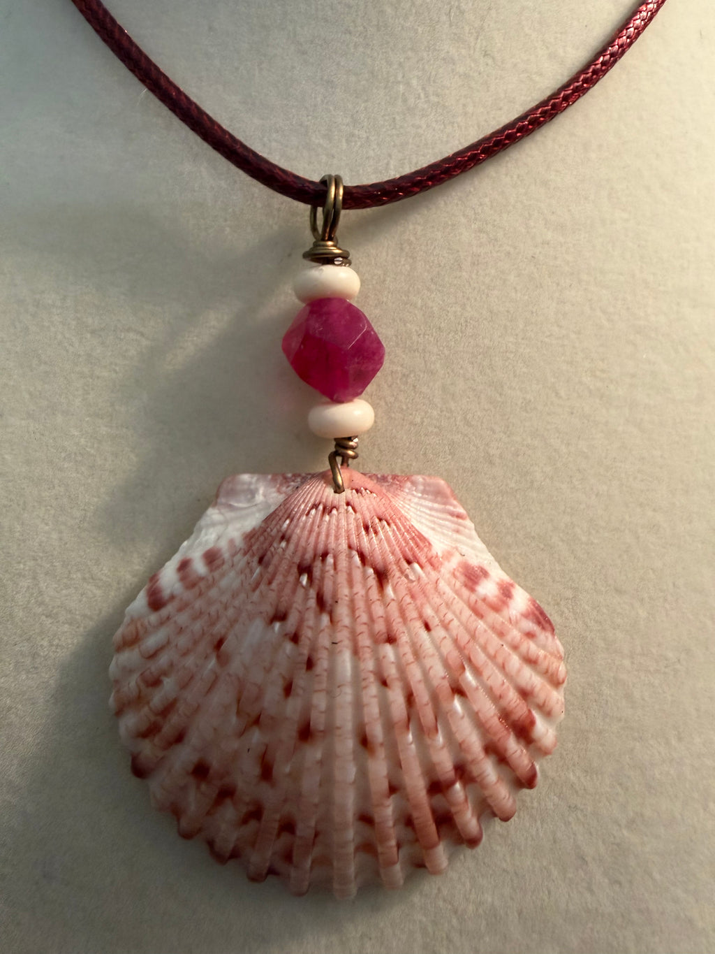 Strawberry Shortcake – Calico Scallop Shell Necklace on Burgundy Braided Cord