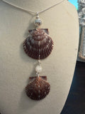 Double Brown Shores – Dual Calico Scallop Drop Necklace