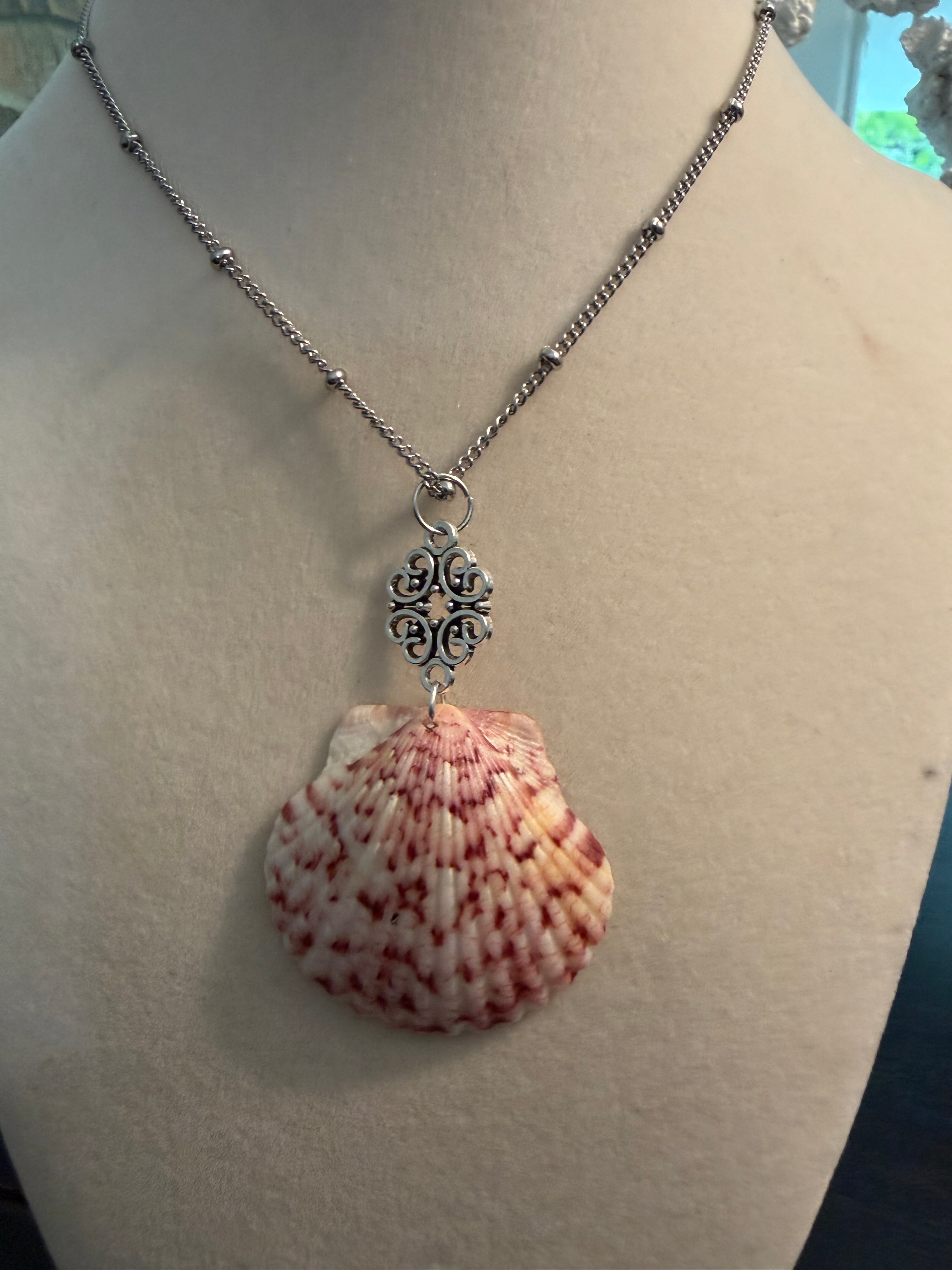 Seashore Sands – Calico Scallop Shell & Silver Filigree Necklace on Stainless Steel Satellite Chain