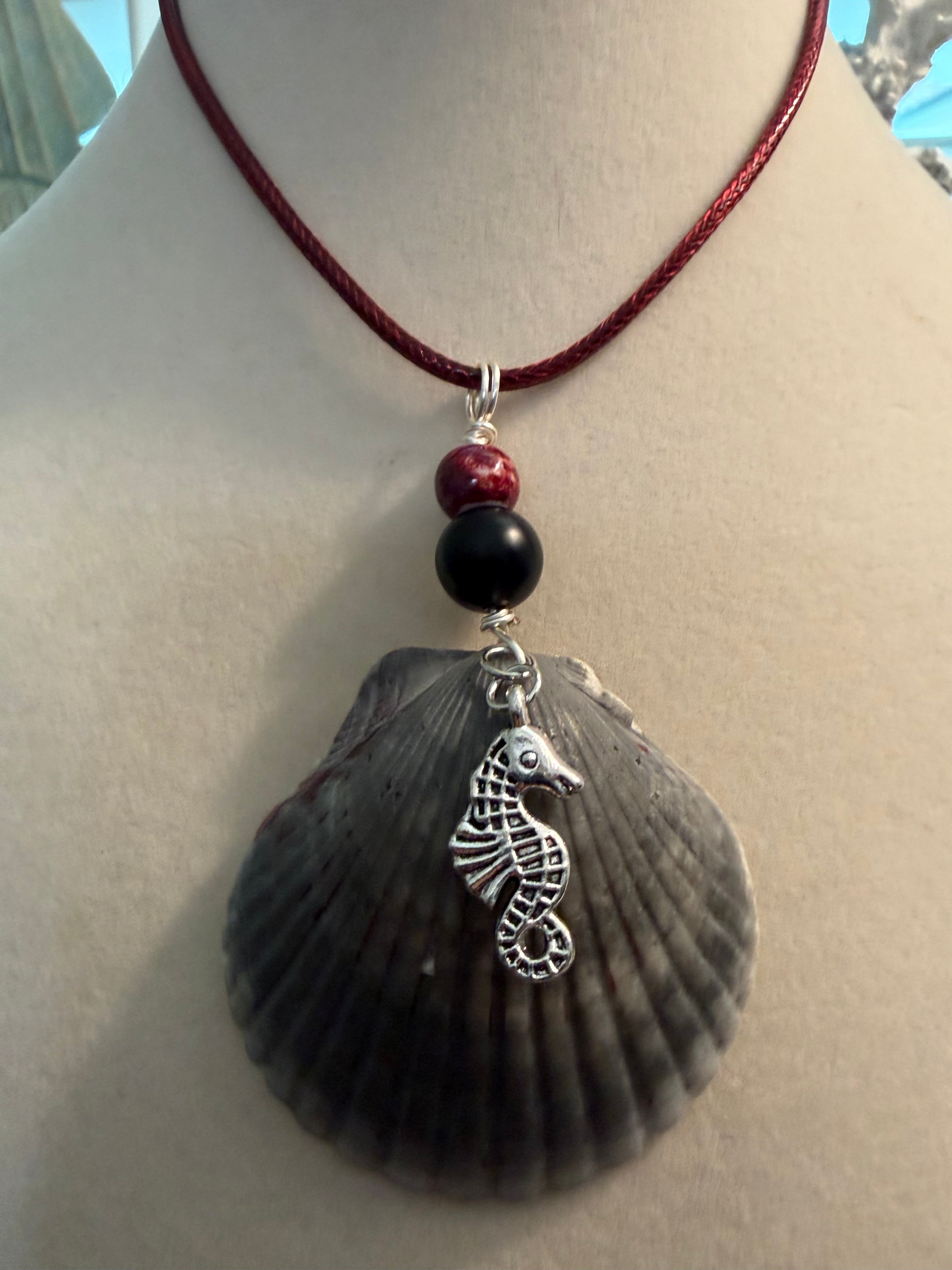 Seahorse Cove – Gray Scallop Shell & Seahorse Charm Necklace on Burgundy Cord