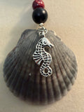 Seahorse Cove – Gray Scallop Shell & Seahorse Charm Necklace on Burgundy Cord