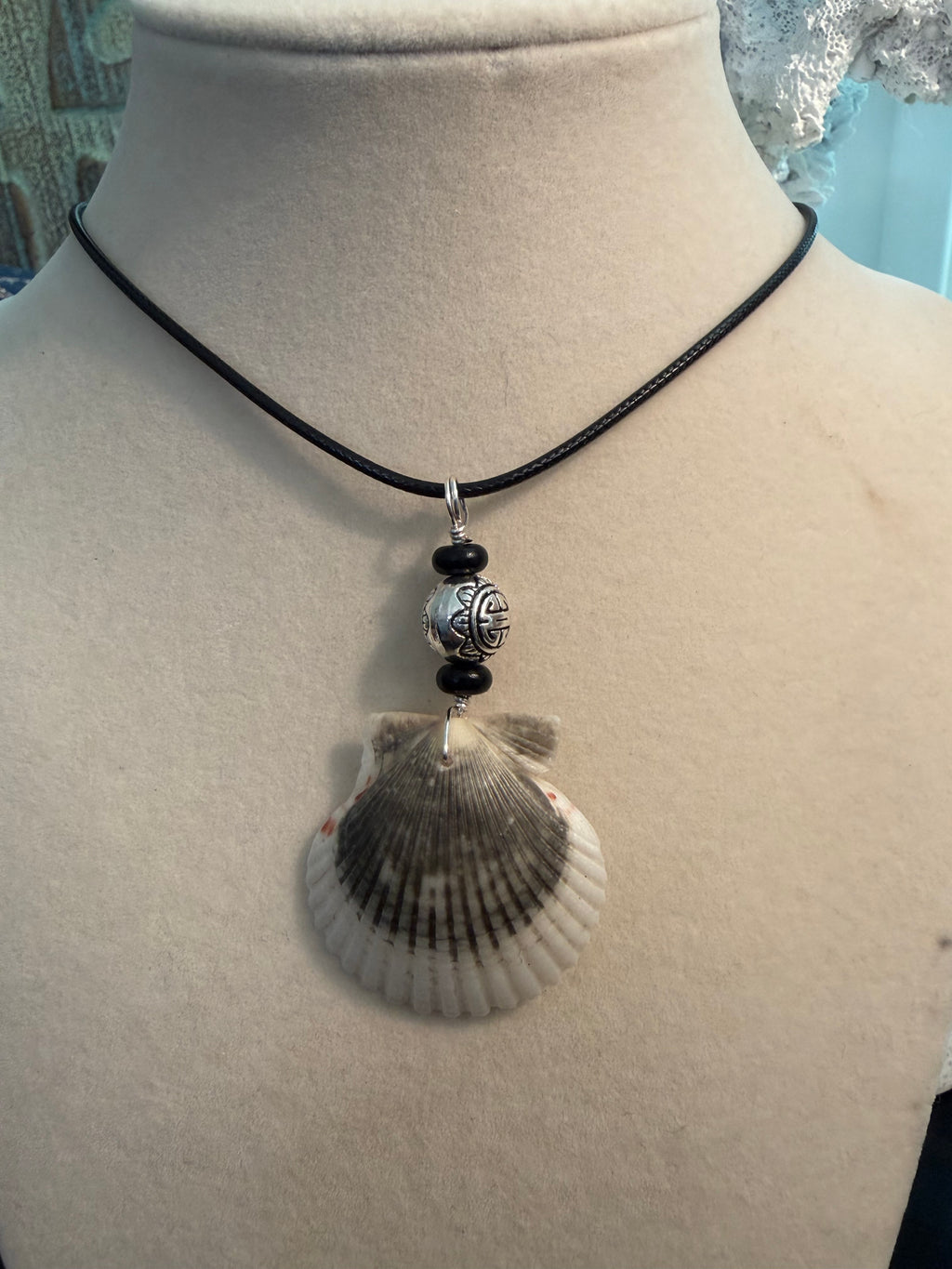 Graystone Shores – Gray Scallop Shell & Tibetan Silver Necklace on Black Leather Cord