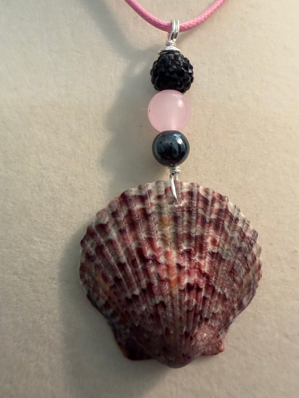 Dark Rose – Calico Scallop Shell Necklace on Pink Wax Cord
