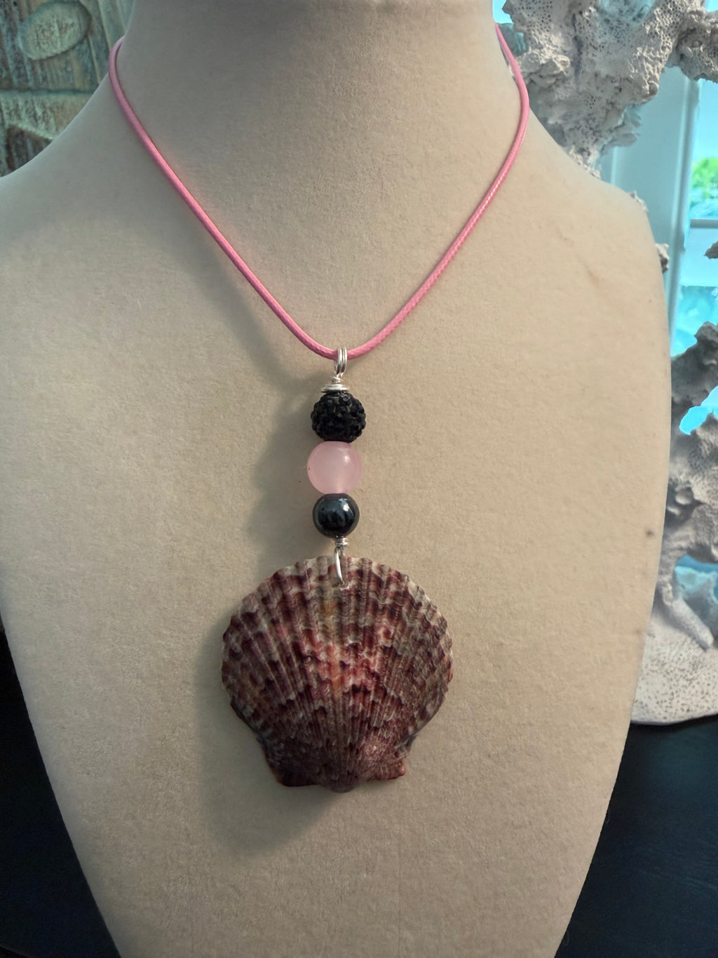 Dark Rose – Calico Scallop Shell Necklace on Pink Wax Cord