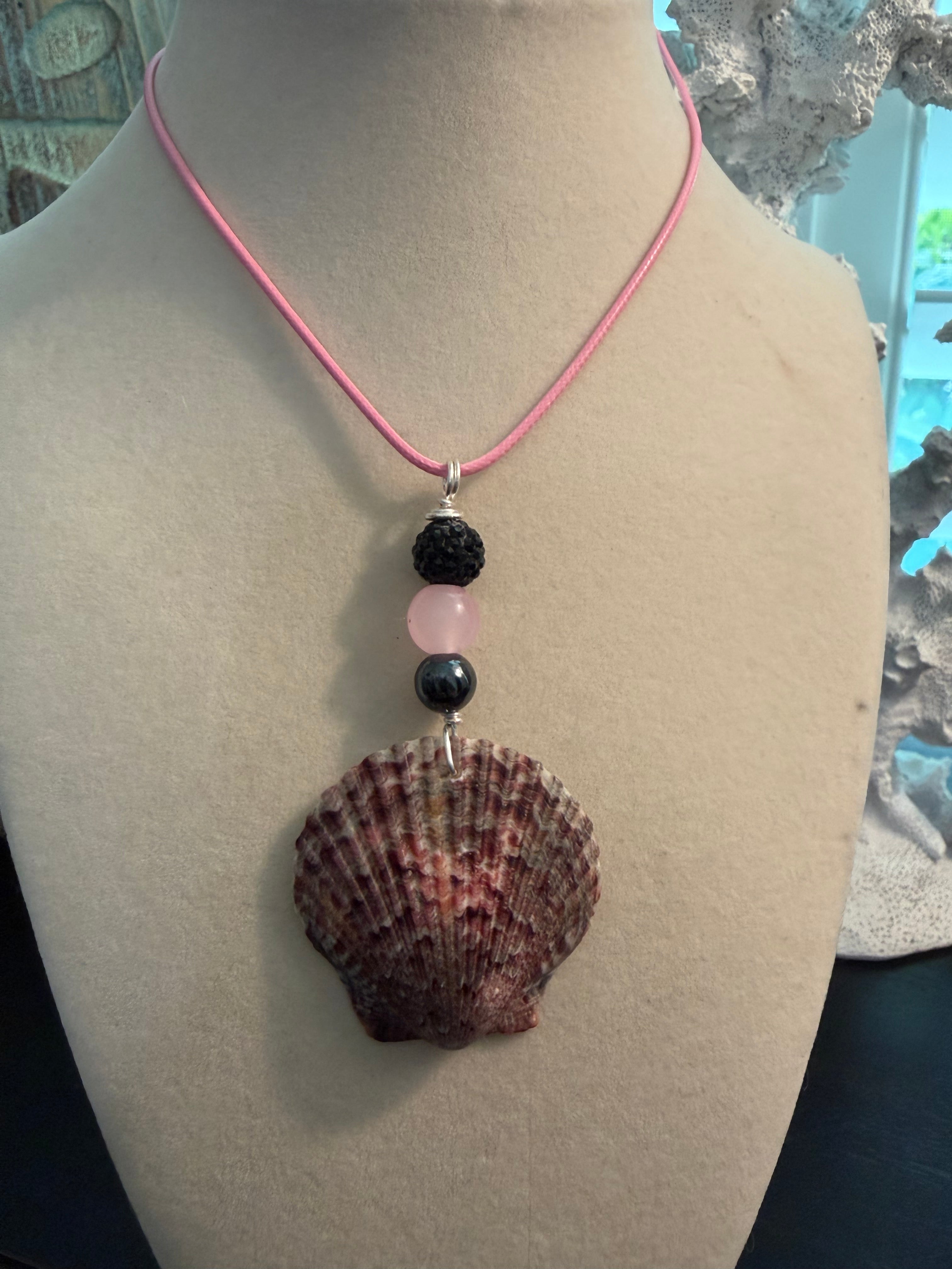 Dark Rose – Calico Scallop Shell Necklace on Pink Wax Cord