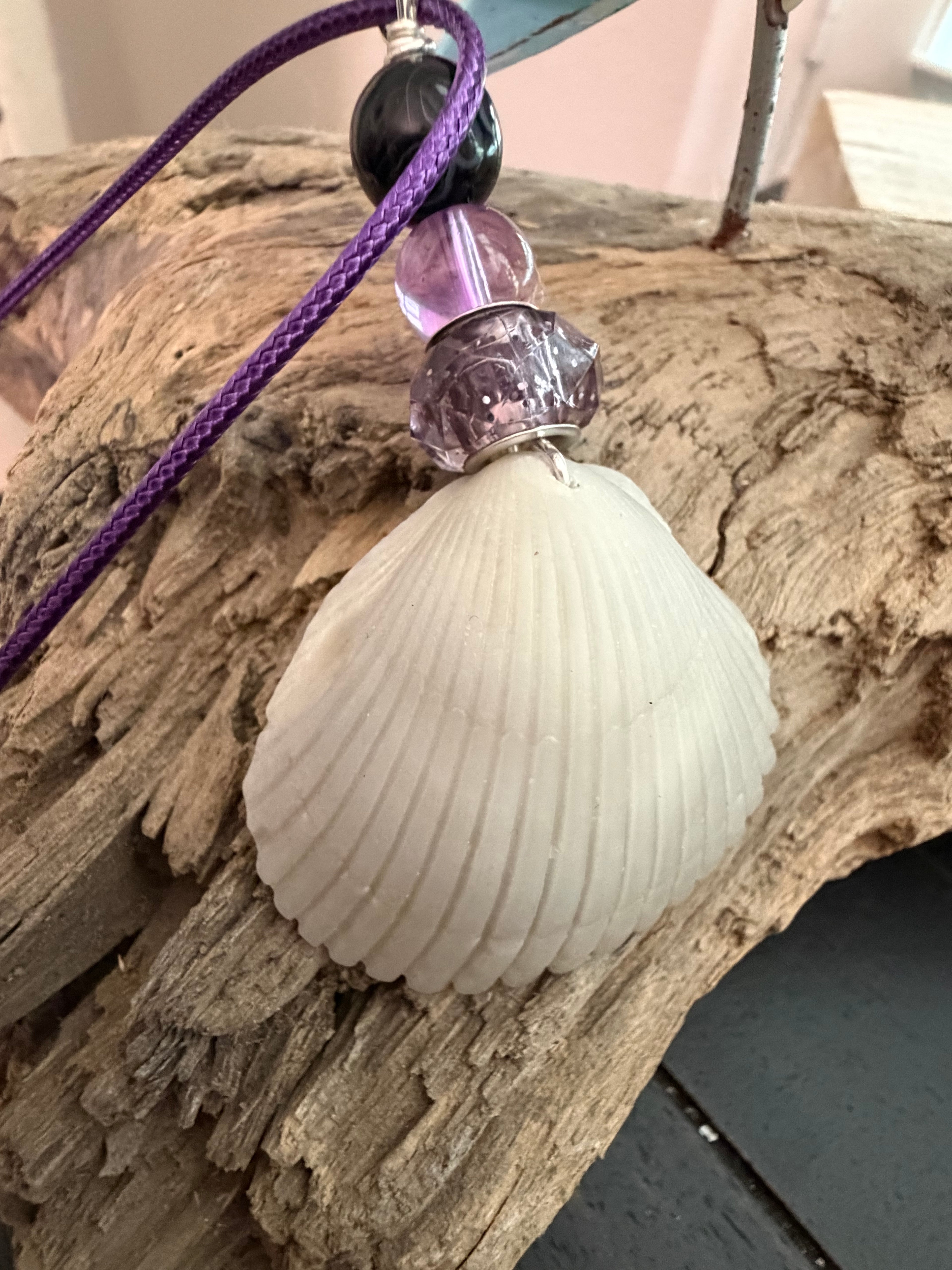 Violet Mystic – Calico Scallop Shell Necklace on Purple Wax Cord