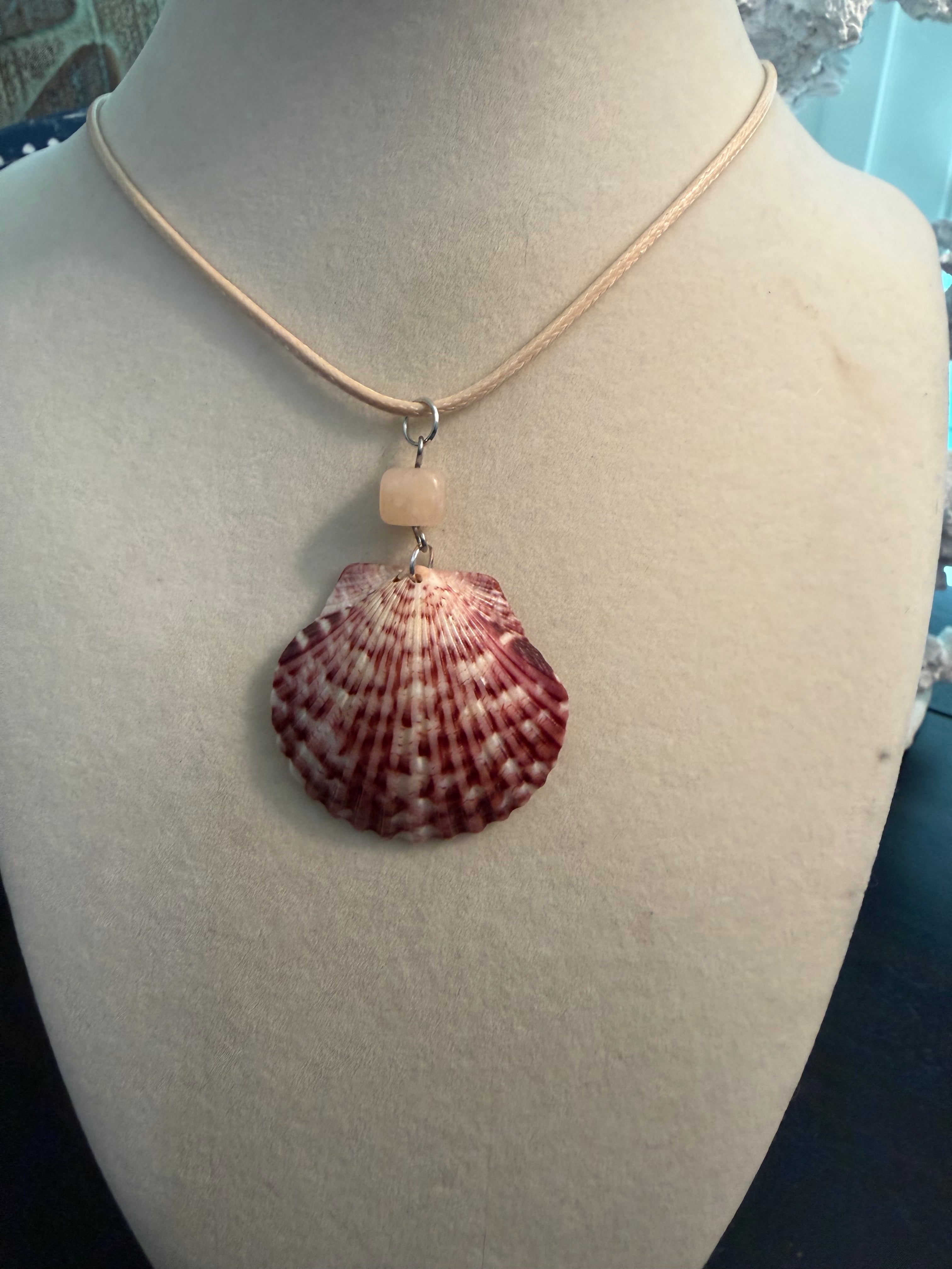 Tidepetal – Calico Scallop Shell Necklace on Cream Waxed Cord