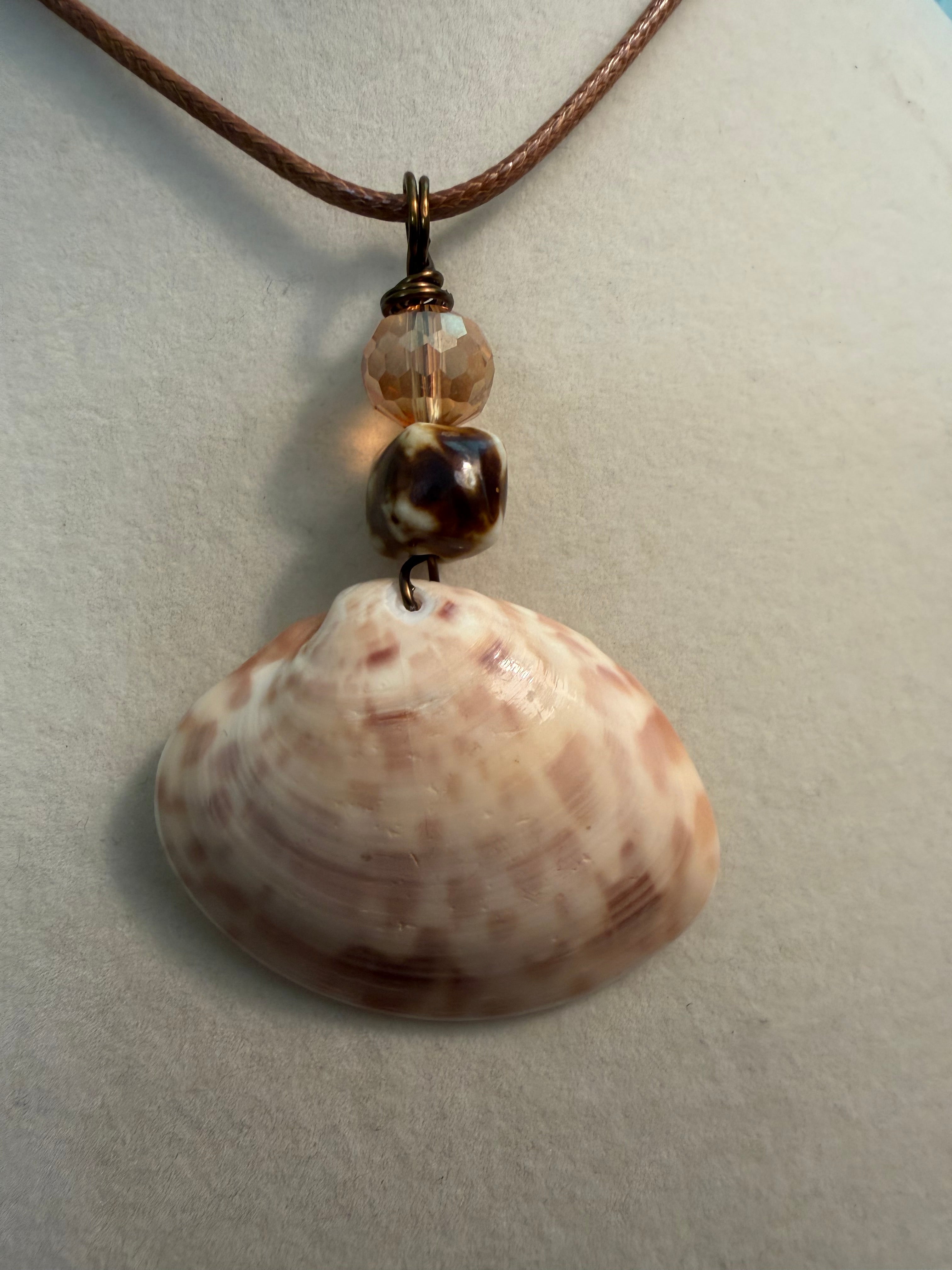 Clamstress Clam – Calico Clam Shell & Champagne Crystal Necklace on Brown Waxed Cord