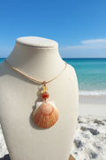 Shoreline Kissed Shell Necklace | Calico Scallop Carnelian Citrine Coastal Beach Jewelry Handmade Mermaid Pendant