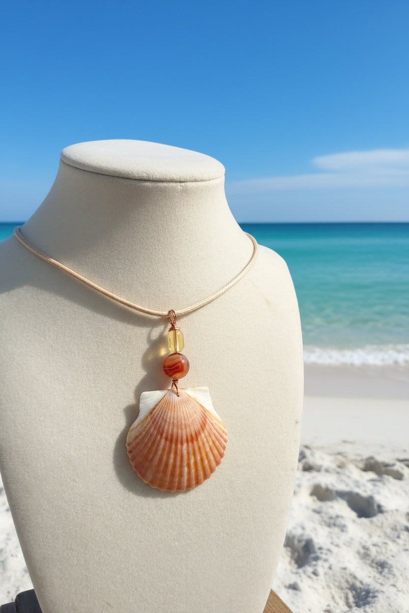 Shoreline Kissed Shell Necklace | Calico Scallop Carnelian Citrine Coastal Beach Jewelry Handmade Mermaid Pendant