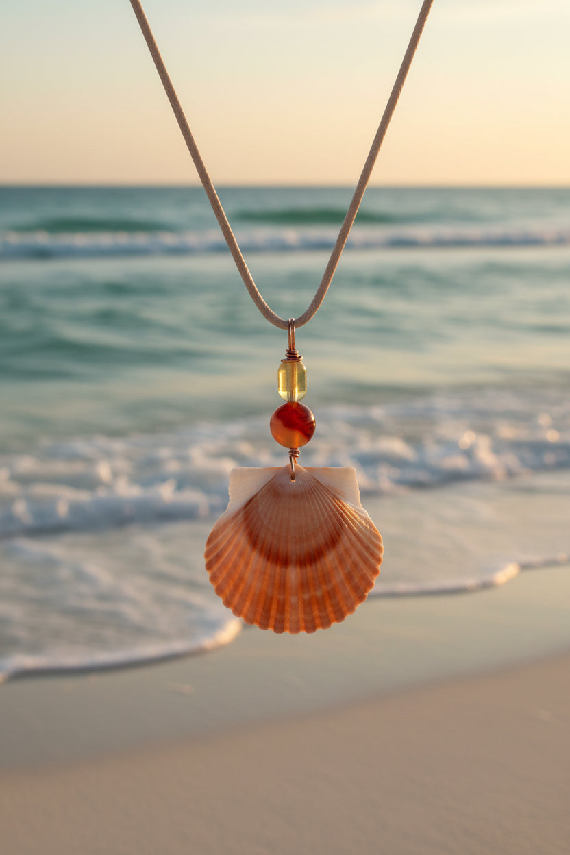 Shoreline Kissed Shell Necklace | Calico Scallop Carnelian Citrine Coastal Beach Jewelry Handmade Mermaid Pendant