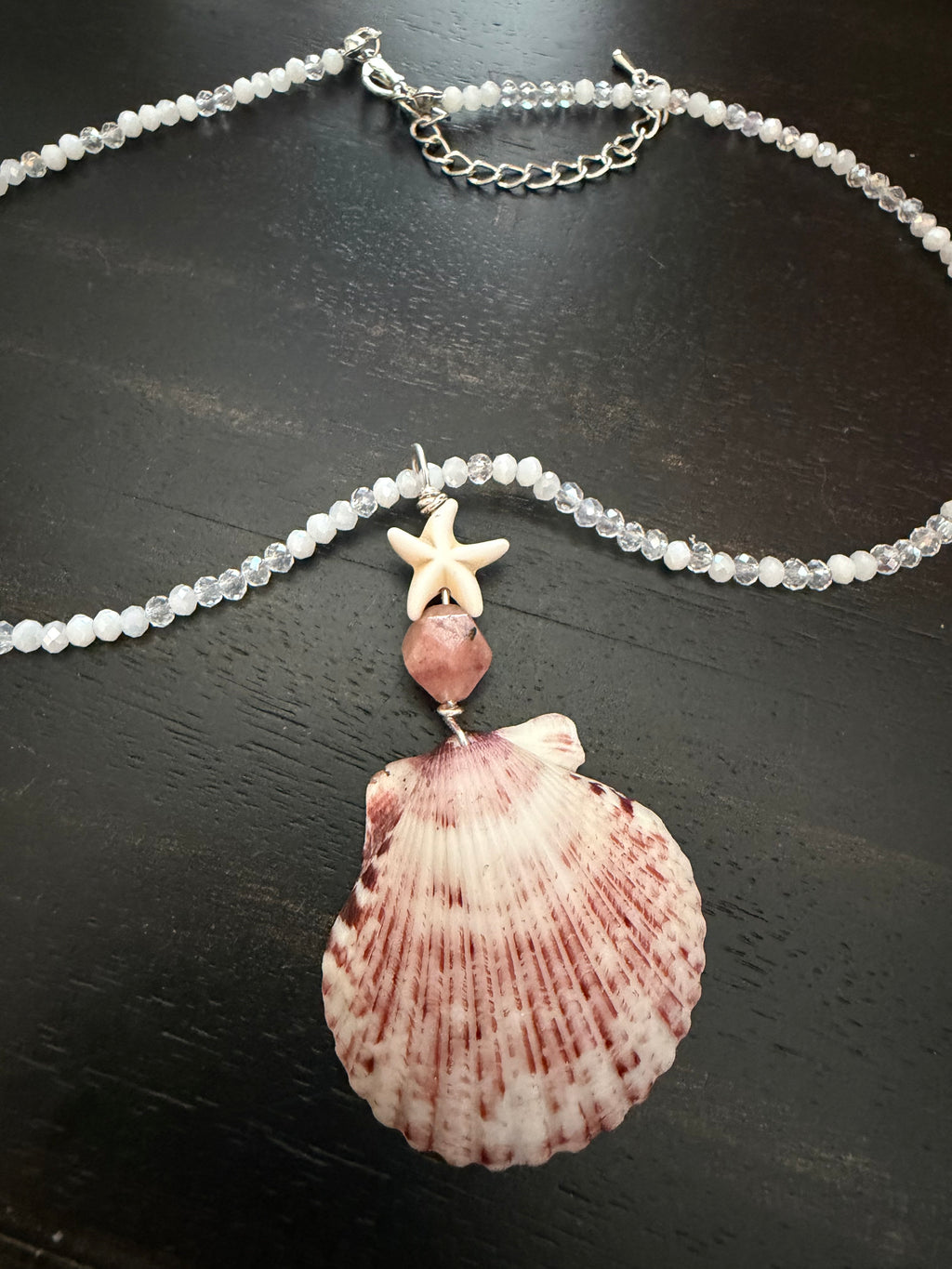 Sandbar Seastar – Calico Scallop & Starfish Necklace on Crystal Bead Chain