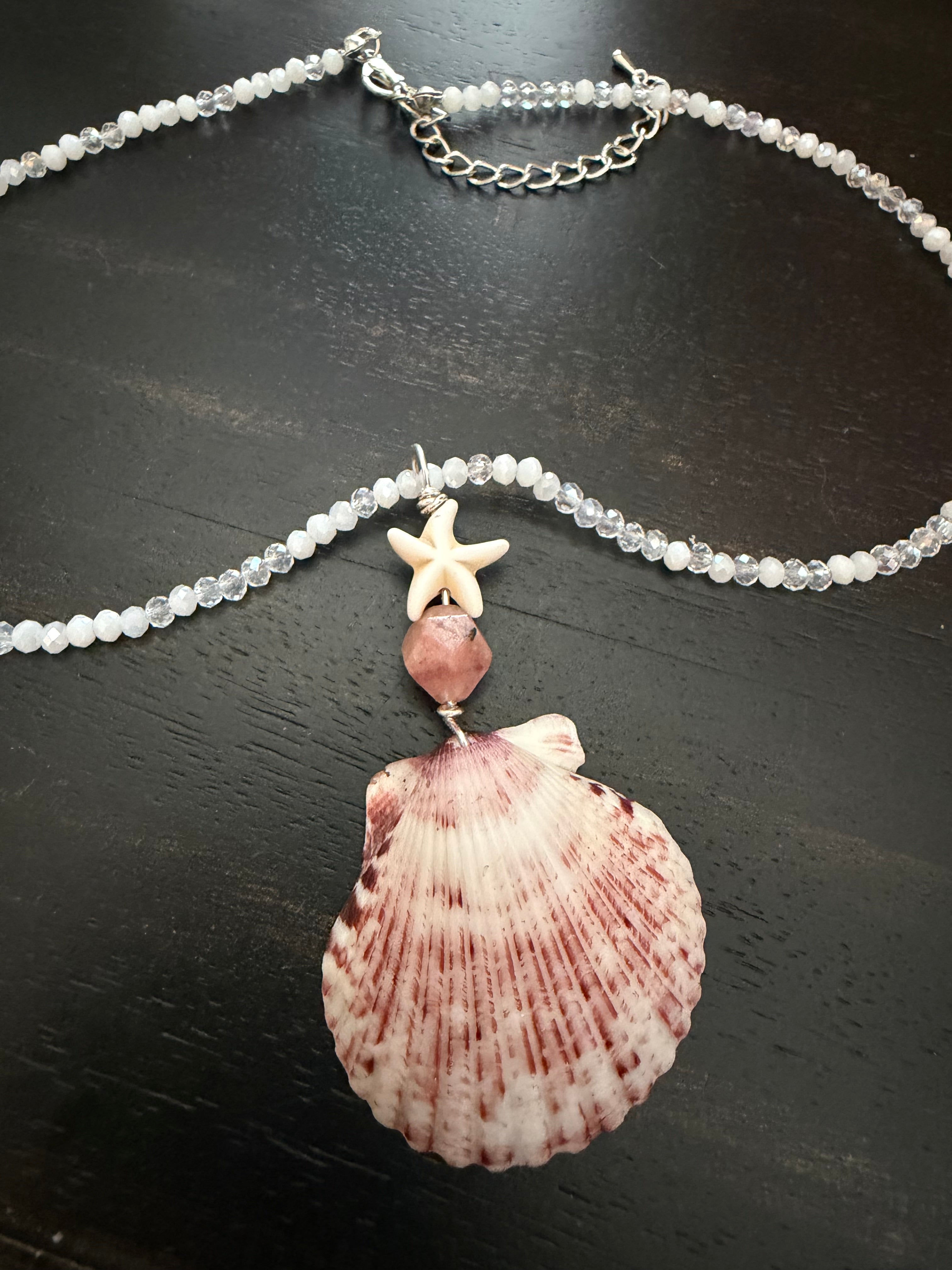 Sandbar Seastar – Calico Scallop & Starfish Necklace on Crystal Bead Chain