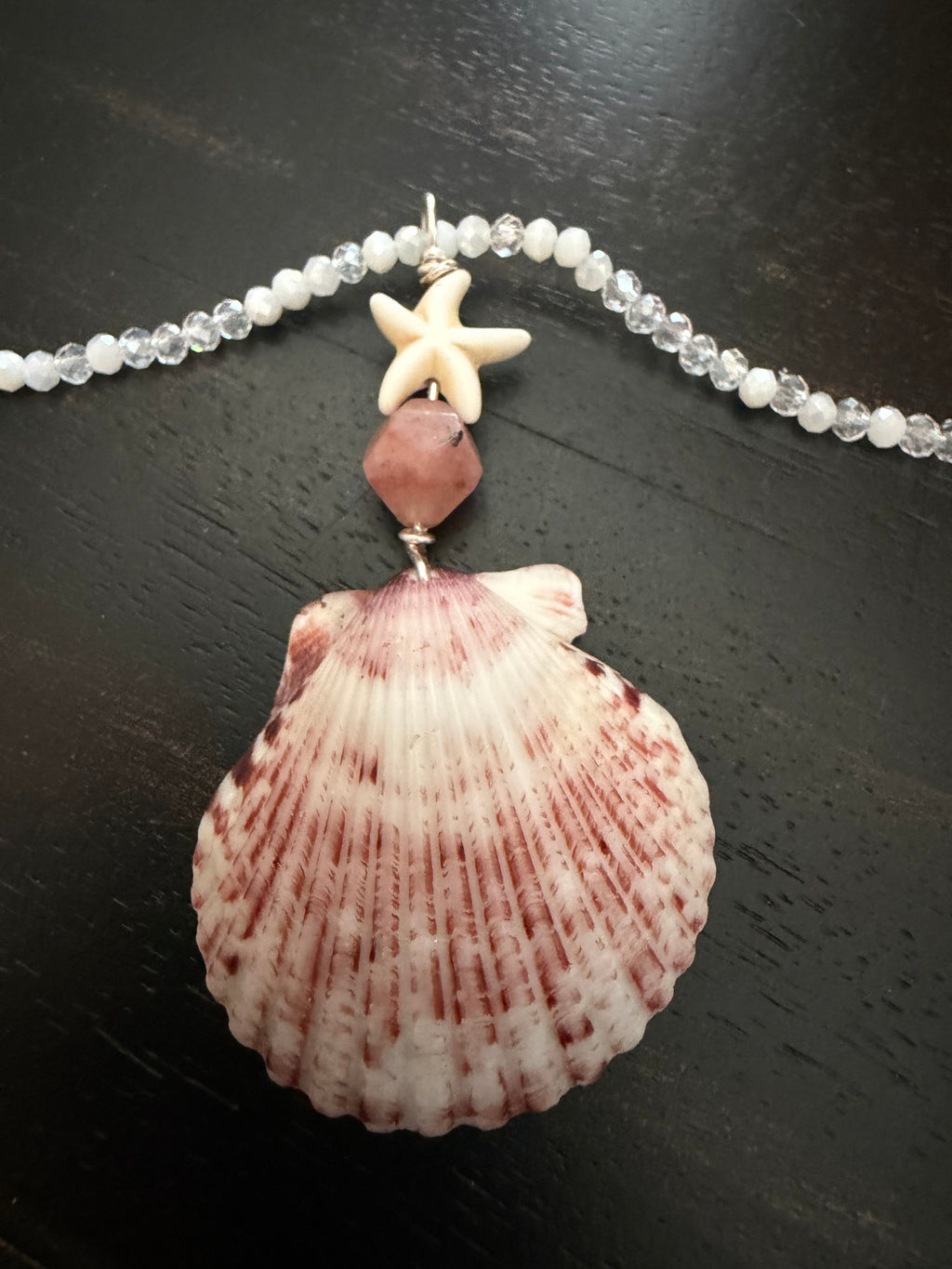 Sandbar Seastar – Calico Scallop & Starfish Necklace on Crystal Bead Chain
