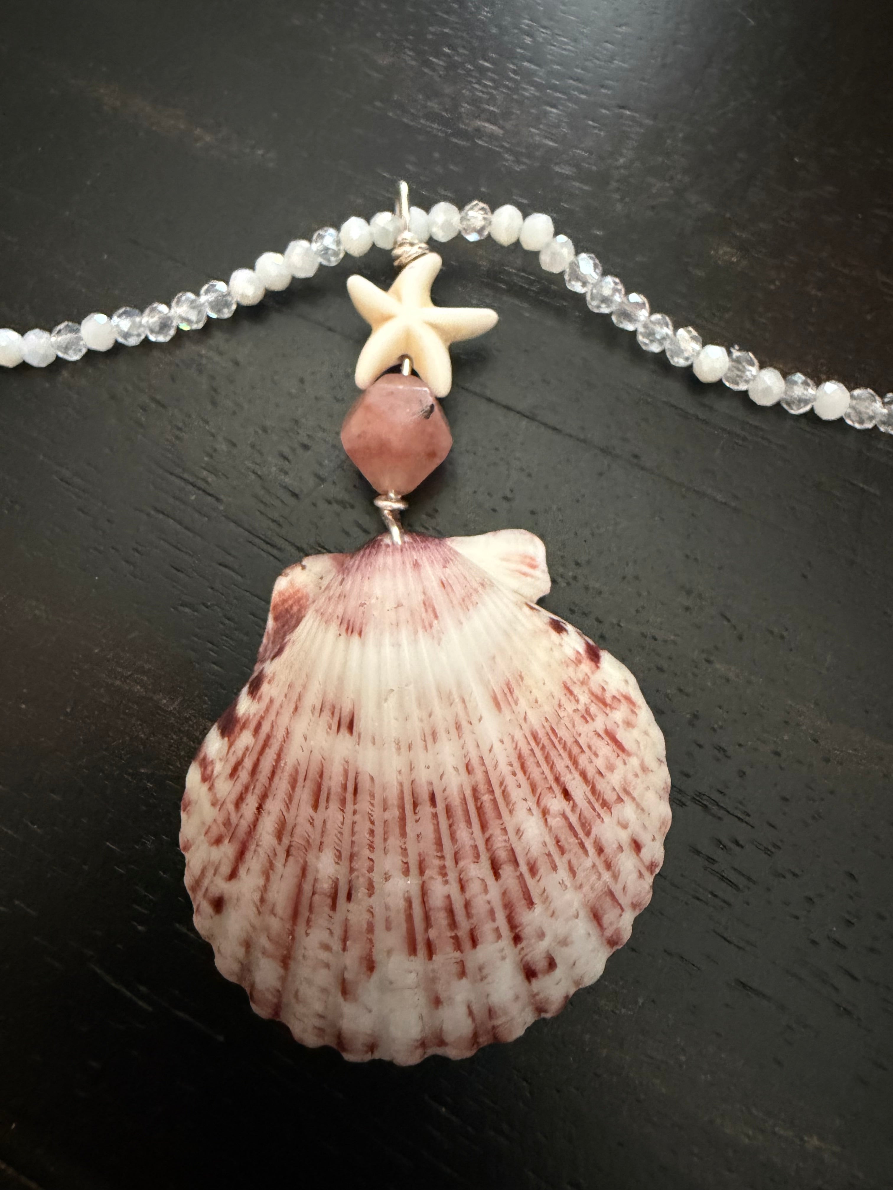 Sandbar Seastar – Calico Scallop & Starfish Necklace on Crystal Bead Chain