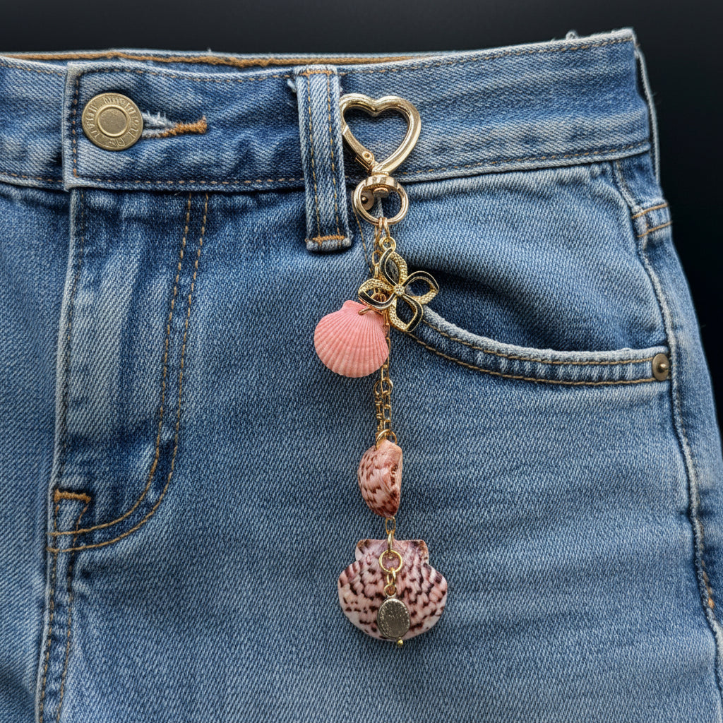 Pink Shell & Gold Flower Charm Bag Charm Keychain